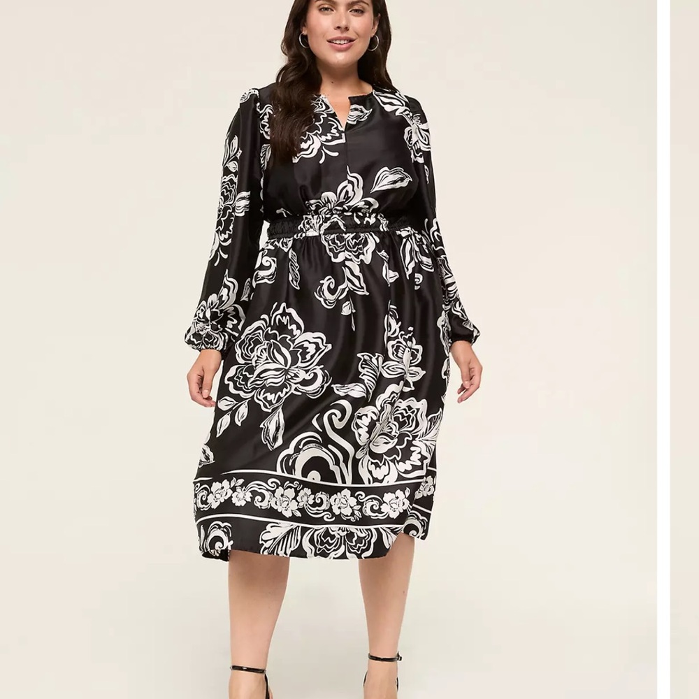 Lane Bryant Elegant Black and White Split-Neck Fit & Flare Midi Dress